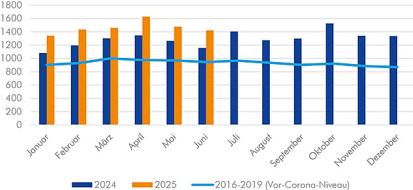 Graph der Insolvenzen von Personen- und Kapitalgesellschaften der Jahre 2016-2025